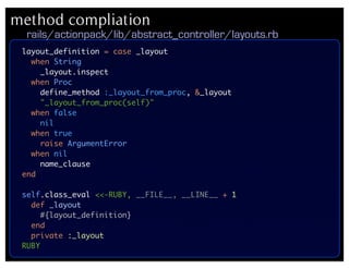 method compliation
  rails/actionpack/lib/abstract_controller/layouts.rb
 layout_definition = case _layout
   when String
     _layout.inspect
   when Proc
     define_method :_layout_from_proc, &_layout
     "_layout_from_proc(self)"
   when false
     nil
   when true
     raise ArgumentError
   when nil
     name_clause
 end

 self.class_eval <<-RUBY, __FILE__, __LINE__ + 1
   def _layout
      #{layout_definition}
   end
   private :_layout
 RUBY
 