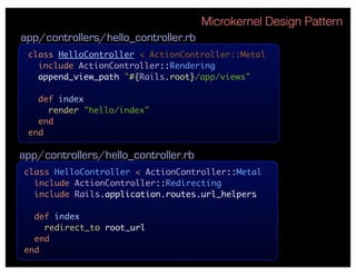 Microkernel Design Pattern
app/controllers/hello_controller.rb
 class HelloController < ActionController::Metal
   include ActionController::Rendering
   append_view_path "#{Rails.root}/app/views"

   def index
     render "hello/index"
   end
 end

app/controllers/hello_controller.rb
class HelloController < ActionController::Metal
  include ActionController::Redirecting
  include Rails.application.routes.url_helpers

  def index
    redirect_to root_url
  end
end
 