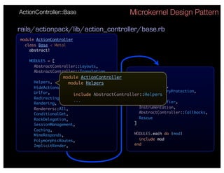 ActionController::Base                        Microkernel Design Pattern

rails/actionpack/lib/action_controller/base.rb
module ActionController
  class Base < Metal
    abstract!

    MODULES = [
      AbstractController::Layouts,
      AbstractController::Translation,
                  module ActionController        Cookies,
      Helpers,                                   Flash,
                    module Helpers
      HideActions,                               Verification,
      UrlFor,                                    RequestForgeryProtection,
                       include AbstractController::Helpers
                                                 Streaming,
      Redirecting,
                       ...                       RecordIdentifier,
      Rendering,
      Renderers::All,                            Instrumentation,
      ConditionalGet,                            AbstractController::Callbacks,
      RackDelegation,                            Rescue
      SessionManagement,                       ]
      Caching,
      MimeResponds,                            MODULES.each do |mod|
      PolymorphicRoutes,                         include mod
      ImplicitRender,                          end
 