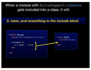 When a module with ActiveSupport::Concern
      gets included into a class, it will:


3. class_eval everything in the include block


 module MyCamp
   extend ActiveSupport::Concern   class MyBar
                                     include MyCamp



                          }
   included do
     self.year = "2010"            end
   end

 end
 