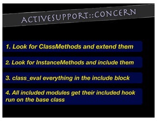 upport::C oncern
     ActiveS

1. Look for ClassMethods and extend them

2. Look for InstanceMethods and include them

3. class_eval everything in the include block

4. All included modules get their included hook
run on the base class
 