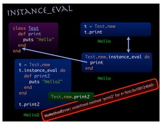 instan ce_eval
 class Test                                     t = Test.new
   def print                                    t.print
     puts "Hello"                                             Hello
   end
 end
                                                Test.new.instance_eval do
   t = Test.new                                   print
   t.instance_eval do                           end
     def print2
                                                              Hello
       puts "Hello2"
                                                                                                             b6   0>
     end                                                                                              0 0124
                                                                                          t :0   x1
   end                                                                             r# <Tes
                Test.new.print2                                     rin   t   2’ fo
                                                          eth od ‘p
   t.print2                                       d   m
                                     u   nd efine
                                r:
                          dErro
     Hello2        M etho
              No
 