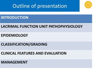 Outline of presentation
INTRODUCTION
LACRIMAL FUNCTION UNIT PATHOPHYSIOLOGY
EPIDEMIOLOGY
CLASSIFICATION/GRADING
CLINICAL FEATURES AND EVALUATION
MANAGEMENT
 