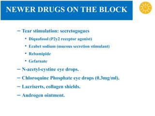 NEWER DRUGS ON THE BLOCK
– Tear stimulation: secretogogues
• Diquafosol (P2y2 receptor agonist)
• Ecabet sodium (mucous secretion stimulant)
• Rebamipide
• Gefarnate
– N-acetyl-cystine eye drops.
– Chloroquine Phosphate eye drops (0.3mg/ml).
– Lacriserts, collagen shields.
– Androgen ointment.
 