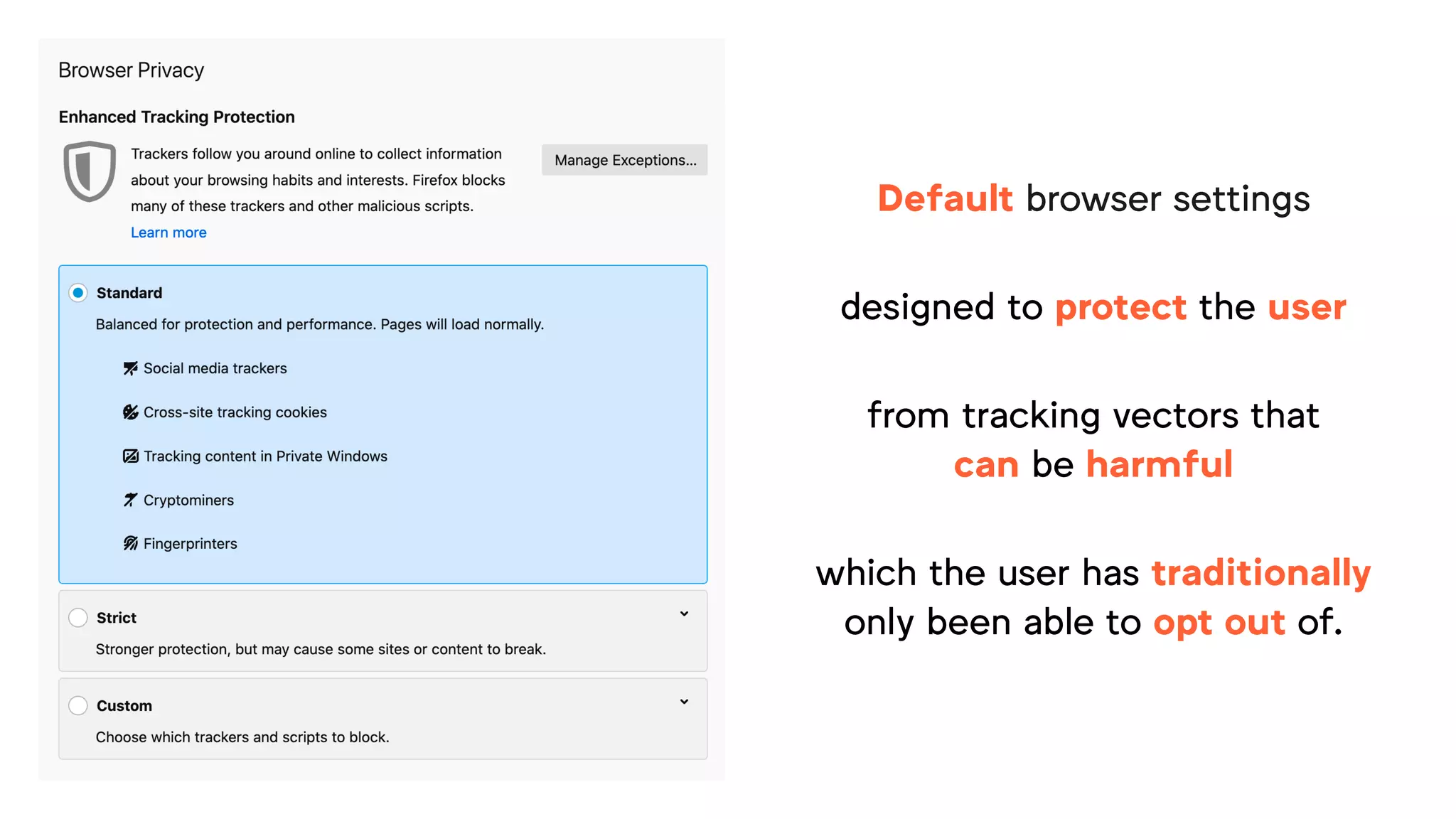 Default browser settings
designed to protect the user
from tracking vectors that
can be harmful
which the user has traditionally
only been able to opt out of.
 