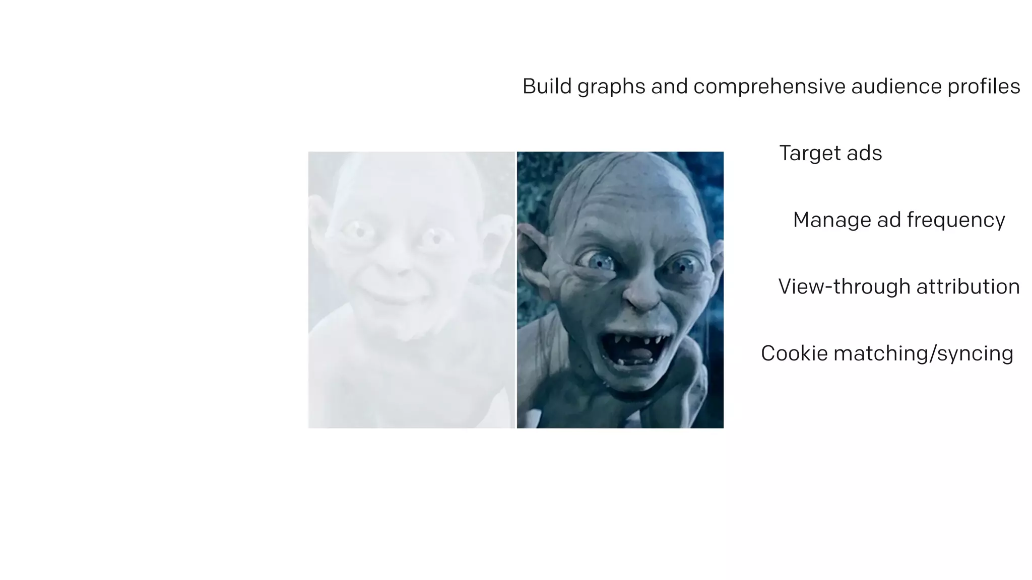 Manage ad frequency
Build graphs and comprehensive audience profiles
Cookie matching/syncing
View-through attribution
Target ads
 