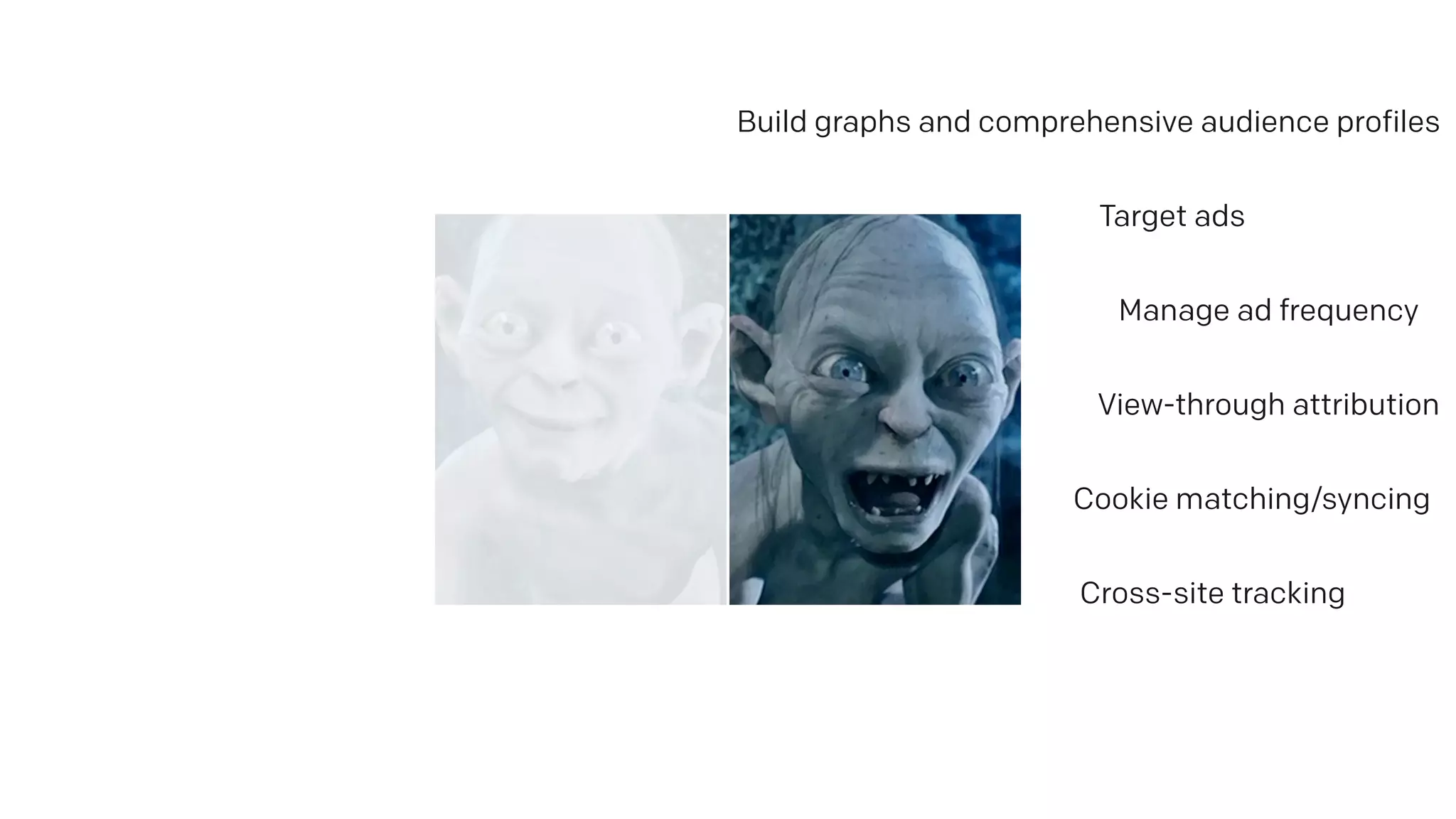 Manage ad frequency
Build graphs and comprehensive audience profiles
Cross-site tracking
Cookie matching/syncing
View-through attribution
Target ads
 