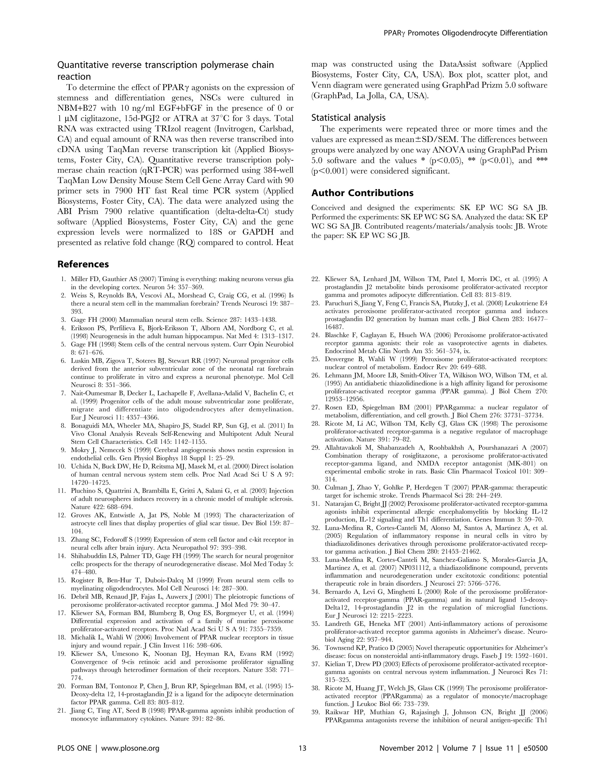 Quantitative reverse transcription polymerase chain
reaction
To determine the effect of PPARc agonists on the expression of
stemness and differentiation genes, NSCs were cultured in
NBM+B27 with 10 ng/ml EGF+bFGF in the presence of 0 or
1 mM ciglitazone, 15d-PGJ2 or ATRA at 37uC for 3 days. Total
RNA was extracted using TRIzol reagent (Invitrogen, Carlsbad,
CA) and equal amount of RNA was then reverse transcribed into
cDNA using TaqMan reverse transcription kit (Applied Biosys-
tems, Foster City, CA). Quantitative reverse transcription poly-
merase chain reaction (qRT-PCR) was performed using 384-well
TaqMan Low Density Mouse Stem Cell Gene Array Card with 90
primer sets in 7900 HT fast Real time PCR system (Applied
Biosystems, Foster City, CA). The data were analyzed using the
ABI Prism 7900 relative quantification (delta-delta-Ct) study
software (Applied Biosystems, Foster City, CA) and the gene
expression levels were normalized to 18S or GAPDH and
presented as relative fold change (RQ) compared to control. Heat
map was constructed using the DataAssist software (Applied
Biosystems, Foster City, CA, USA). Box plot, scatter plot, and
Venn diagram were generated using GraphPad Prizm 5.0 software
(GraphPad, La Jolla, CA, USA).
Statistical analysis
The experiments were repeated three or more times and the
values are expressed as mean6SD/SEM. The differences between
groups were analyzed by one way ANOVA using GraphPad Prism
5.0 software and the values * (p,0.05), ** (p,0.01), and ***
(p,0.001) were considered significant.
Author Contributions
Conceived and designed the experiments: SK EP WC SG SA JB.
Performed the experiments: SK EP WC SG SA. Analyzed the data: SK EP
WC SG SA JB. Contributed reagents/materials/analysis tools: JB. Wrote
the paper: SK EP WC SG JB.
References
1. Miller FD, Gauthier AS (2007) Timing is everything: making neurons versus glia
in the developing cortex. Neuron 54: 357–369.
2. Weiss S, Reynolds BA, Vescovi AL, Morshead C, Craig CG, et al. (1996) Is
there a neural stem cell in the mammalian forebrain? Trends Neurosci 19: 387–
393.
3. Gage FH (2000) Mammalian neural stem cells. Science 287: 1433–1438.
4. Eriksson PS, Perfilieva E, Bjork-Eriksson T, Alborn AM, Nordborg C, et al.
(1998) Neurogenesis in the adult human hippocampus. Nat Med 4: 1313–1317.
5. Gage FH (1998) Stem cells of the central nervous system. Curr Opin Neurobiol
8: 671–676.
6. Luskin MB, Zigova T, Soteres BJ, Stewart RR (1997) Neuronal progenitor cells
derived from the anterior subventricular zone of the neonatal rat forebrain
continue to proliferate in vitro and express a neuronal phenotype. Mol Cell
Neurosci 8: 351–366.
7. Nait-Oumesmar B, Decker L, Lachapelle F, Avellana-Adalid V, Bachelin C, et
al. (1999) Progenitor cells of the adult mouse subventricular zone proliferate,
migrate and differentiate into oligodendrocytes after demyelination.
Eur J Neurosci 11: 4357–4366.
8. Bonaguidi MA, Wheeler MA, Shapiro JS, Stadel RP, Sun GJ, et al. (2011) In
Vivo Clonal Analysis Reveals Self-Renewing and Multipotent Adult Neural
Stem Cell Characteristics. Cell 145: 1142–1155.
9. Mokry J, Nemecek S (1999) Cerebral angiogenesis shows nestin expression in
endothelial cells. Gen Physiol Biophys 18 Suppl 1: 25–29.
10. Uchida N, Buck DW, He D, Reitsma MJ, Masek M, et al. (2000) Direct isolation
of human central nervous system stem cells. Proc Natl Acad Sci U S A 97:
14720–14725.
11. Pluchino S, Quattrini A, Brambilla E, Gritti A, Salani G, et al. (2003) Injection
of adult neurospheres induces recovery in a chronic model of multiple sclerosis.
Nature 422: 688–694.
12. Groves AK, Entwistle A, Jat PS, Noble M (1993) The characterization of
astrocyte cell lines that display properties of glial scar tissue. Dev Biol 159: 87–
104.
13. Zhang SC, Fedoroff S (1999) Expression of stem cell factor and c-kit receptor in
neural cells after brain injury. Acta Neuropathol 97: 393–398.
14. Shihabuddin LS, Palmer TD, Gage FH (1999) The search for neural progenitor
cells: prospects for the therapy of neurodegenerative disease. Mol Med Today 5:
474–480.
15. Rogister B, Ben-Hur T, Dubois-Dalcq M (1999) From neural stem cells to
myelinating oligodendrocytes. Mol Cell Neurosci 14: 287–300.
16. Debril MB, Renaud JP, Fajas L, Auwerx J (2001) The pleiotropic functions of
peroxisome proliferator-activated receptor gamma. J Mol Med 79: 30–47.
17. Kliewer SA, Forman BM, Blumberg B, Ong ES, Borgmeyer U, et al. (1994)
Differential expression and activation of a family of murine peroxisome
proliferator-activated receptors. Proc Natl Acad Sci U S A 91: 7355–7359.
18. Michalik L, Wahli W (2006) Involvement of PPAR nuclear receptors in tissue
injury and wound repair. J Clin Invest 116: 598–606.
19. Kliewer SA, Umesono K, Noonan DJ, Heyman RA, Evans RM (1992)
Convergence of 9-cis retinoic acid and peroxisome proliferator signalling
pathways through heterodimer formation of their receptors. Nature 358: 771–
774.
20. Forman BM, Tontonoz P, Chen J, Brun RP, Spiegelman BM, et al. (1995) 15-
Deoxy-delta 12, 14-prostaglandin J2 is a ligand for the adipocyte determination
factor PPAR gamma. Cell 83: 803–812.
21. Jiang C, Ting AT, Seed B (1998) PPAR-gamma agonists inhibit production of
monocyte inflammatory cytokines. Nature 391: 82–86.
22. Kliewer SA, Lenhard JM, Willson TM, Patel I, Morris DC, et al. (1995) A
prostaglandin J2 metabolite binds peroxisome proliferator-activated receptor
gamma and promotes adipocyte differentiation. Cell 83: 813–819.
23. Paruchuri S, Jiang Y, Feng C, Francis SA, Plutzky J, et al. (2008) Leukotriene E4
activates peroxisome proliferator-activated receptor gamma and induces
prostaglandin D2 generation by human mast cells. J Biol Chem 283: 16477–
16487.
24. Blaschke F, Caglayan E, Hsueh WA (2006) Peroxisome proliferator-activated
receptor gamma agonists: their role as vasoprotective agents in diabetes.
Endocrinol Metab Clin North Am 35: 561–574, ix.
25. Desvergne B, Wahli W (1999) Peroxisome proliferator-activated receptors:
nuclear control of metabolism. Endocr Rev 20: 649–688.
26. Lehmann JM, Moore LB, Smith-Oliver TA, Wilkison WO, Willson TM, et al.
(1995) An antidiabetic thiazolidinedione is a high affinity ligand for peroxisome
proliferator-activated receptor gamma (PPAR gamma). J Biol Chem 270:
12953–12956.
27. Rosen ED, Spiegelman BM (2001) PPARgamma: a nuclear regulator of
metabolism, differentiation, and cell growth. J Biol Chem 276: 37731–37734.
28. Ricote M, Li AC, Willson TM, Kelly CJ, Glass CK (1998) The peroxisome
proliferator-activated receptor-gamma is a negative regulator of macrophage
activation. Nature 391: 79–82.
29. Allahtavakoli M, Shabanzadeh A, Roohbakhsh A, Pourshanazari A (2007)
Combination therapy of rosiglitazone, a peroxisome proliferator-activated
receptor-gamma ligand, and NMDA receptor antagonist (MK-801) on
experimental embolic stroke in rats. Basic Clin Pharmacol Toxicol 101: 309–
314.
30. Culman J, Zhao Y, Gohlke P, Herdegen T (2007) PPAR-gamma: therapeutic
target for ischemic stroke. Trends Pharmacol Sci 28: 244–249.
31. Natarajan C, Bright JJ (2002) Peroxisome proliferator-activated receptor-gamma
agonists inhibit experimental allergic encephalomyelitis by blocking IL-12
production, IL-12 signaling and Th1 differentiation. Genes Immun 3: 59–70.
32. Luna-Medina R, Cortes-Canteli M, Alonso M, Santos A, Martinez A, et al.
(2005) Regulation of inflammatory response in neural cells in vitro by
thiadiazolidinones derivatives through peroxisome proliferator-activated recep-
tor gamma activation. J Biol Chem 280: 21453–21462.
33. Luna-Medina R, Cortes-Canteli M, Sanchez-Galiano S, Morales-Garcia JA,
Martinez A, et al. (2007) NP031112, a thiadiazolidinone compound, prevents
inflammation and neurodegeneration under excitotoxic conditions: potential
therapeutic role in brain disorders. J Neurosci 27: 5766–5776.
34. Bernardo A, Levi G, Minghetti L (2000) Role of the peroxisome proliferator-
activated receptor-gamma (PPAR-gamma) and its natural ligand 15-deoxy-
Delta12, 14-prostaglandin J2 in the regulation of microglial functions.
Eur J Neurosci 12: 2215–2223.
35. Landreth GE, Heneka MT (2001) Anti-inflammatory actions of peroxisome
proliferator-activated receptor gamma agonists in Alzheimer’s disease. Neuro-
biol Aging 22: 937–944.
36. Townsend KP, Pratico D (2005) Novel therapeutic opportunities for Alzheimer’s
disease: focus on nonsteroidal anti-inflammatory drugs. Faseb J 19: 1592–1601.
37. Kielian T, Drew PD (2003) Effects of peroxisome proliferator-activated receptor-
gamma agonists on central nervous system inflammation. J Neurosci Res 71:
315–325.
38. Ricote M, Huang JT, Welch JS, Glass CK (1999) The peroxisome proliferator-
activated receptor (PPARgamma) as a regulator of monocyte/macrophage
function. J Leukoc Biol 66: 733–739.
39. Raikwar HP, Muthian G, Rajasingh J, Johnson CN, Bright JJ (2006)
PPARgamma antagonists reverse the inhibition of neural antigen-specific Th1
PPARc Promotes Oligodendrocyte Differentiation
PLOS ONE | www.plosone.org 13 November 2012 | Volume 7 | Issue 11 | e50500
 