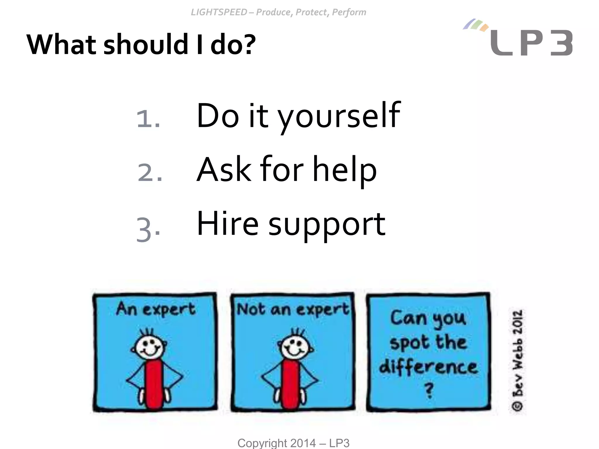 Copyright 2014 – LP3
1. Do it yourself
2. Ask for help
3. Hire support
What should I do?
 
