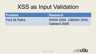 XSS as Input Validation
Problem
Find All Paths
Many Different Contexts

Research
WWW 2004, USENIX 2005,
Oakland 2006
CCS 2...