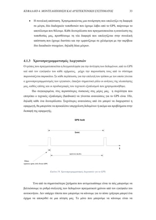 ΚΕΦΑΛΑΙΟ 4. ΜΟΝΤΕΛΟΠΟΙΗΣΗ ΚΑΙ ΑΡΧΙΤΕΚΤΟΝΙΚΗ ΣΥΣΤΗΜΑΤΟΣ 33
 Η συνολική απόσταση. Χρησιμοποιώντας μια συνάρτηση που υπολογίζει τη διαφορά
σε μέτρα, δύο διαδοχικών τοποθεσιών που έχουμε λάβει από το GPS, παίρνουμε το
αποτέλεσμα που θέλουμε. Κάθε δευτερόλεπτο που πραγματοποιείται η ανανέωση της
τοποθεσίας μας, προσθέτουμε τη νέα διαφορά που υπολογίζεται στην συνολική
απόσταση που έχουμε διανύσει και την εμφανίζουμε σε χιλιόμετρα με την ακρίβεια
δύο δεκαδικών στοιχείων, δηλαδή δέκα μέτρων.
4.1.3 Χρονοπρογραμματισμός Διεργασιών
Ο τρόπος που πραγματοποιείται η δειγματοληψία για την άντληση των δεδομένων, από το GPS
καί από τον εγκέφαλο του κάθε οχήματος, μέχρι την παρουσίαση τους από το σύστημα
παρουσιάζεται παρακάτω. Σε κάθε περίπτωση, για την επιλογή του τρόπου με τον οποίο γίνεται
ο χρονοπρογραμματισμός των εργασιών, έπαιξαν σημαντικό ρόλο οι ανάγκες της υλοποίησης
μας, καθώς επίσης και οι προδιαγραφές του τεχνικού εξοπλισμού που χρησιμοποιήθηκε.
Πιο συγκεκριμένα, στις περισσότερες συσκευές στις μέρες μας, η συχνότητα που
επιτρέπει ο τεχνικός εξοπλισμός (hardware) να γίνονται ανανεώσεις για το GPS είναι 1Hz,
δηλαδή κάθε ένα δευτερόλεπτο. Συχνότερες ανανεώσεις από ότι μπορεί να διαχειριστεί η
εφαρμογή, θα μπορούσε να προκαλέσει υπερχείλιση δεδομένων ή ακόμα και προβλήματα στην
διεπαφή της εφαρμογής.
Ένα από τα σημαντικότερα ζητήματα που αντιμετωπίσαμε είναι το πώς μπορούμε να
βελτιώσουμε το ρυθμό συλλογής των δεδομένων πραγματικού χρόνου από τον εγκέφαλο του
αυτοκινήτου. Δεν υπάρχει τίποτα που μπορούμε να κάνουμε για το πόσο γρήγορα μπορεί ένα
όχημα να αποκριθεί σε μια αίτηση μας. Το μόνο που μπορούμε να κάνουμε είναι να
Εικόνα 19. Χρονοπρογραμματισμός διεργασιών για το GPS.
 