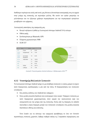 38 ΚΕΦΑΛΑΙΟ 4. ΜΟΝΤΕΛΟΠΟΙΗΣΗ ΚΑΙ ΑΡΧΙΤΕΚΤΟΝΙΚΗ ΣΥΣΤΗΜΑΤΟΣ
διαθέσιμα νωρίτερα και εκτός από αυτό, μας δίνεται η δυνατότητα καταγραφής τους σε αρχείο
στην μνήμη της συσκευής για περεταίρω μελέτη. Με αυτόν τον τρόπο μπορούμε να
μελετήσουμε και να εξάγουμε χρήσιμα συμπεράσματα για την συμπεριφορά ορισμένων
μεταβλητών του οχήματος.
Λειτουργικές απαιτήσεις της εφαρμογής μας
 Κινητό τηλέφωνο ή tablet με λειτουργικό σύστημα Android 3.0 ή νεότερο
 Οθόνη αφής
 Συνδεσιμότητα με Bluetooth, GPS
 Ελάχιστη χωρητικότητα 3MB
 ELM 327
4.3.2 Υποστήριξη Πολλαπλών Συσκευών
Το λειτουργικό σύστημα Android τρέχει σε μια πληθώρα συσκευών οι οποίες μπορεί να έχουν
πολύ διαφορετικές προδιαγραφές η μία από την άλλη. Η διαφοροποίηση των συσκευών
εντοπίζεται:
 Στις πολλές εκδόσεις του Android που υπάρχουν.
 Στην μεγάλη ποικιλία hardware που κυκλοφορεί στην αγορά. Υπάρχουν συσκευές με
πολύ διαφορετικά χαρακτηριστικά, όσον αφορά την υπολογιστική ισχύ του
επεξεργαστή και την μνήμη ram της συσκευής. Εκτός από τις διαφορές σε επίπεδο
microchip η κύρια διαφορά μεταξύ των συσκευών εντοπίζεται στη μεγάλη ποικιλία
διαστάσεων οθόνης και ανάλυσης.
Έτσι λοιπόν για να κάνουμε την εφαρμογή προσβάσιμη σε όσο τον δυνατόν
περισσότερες συσκευές χρηστών, λάβαμε σοβαρά υπόψη τις 2 παραπάνω παραμέτρους και
Εικόνα23. Ποσοστά χρήσης Android εκδόσεων 1 Φεβρουαρίου 2015.[46]
 
