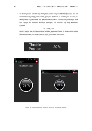 52 ΚΕΦΑΛΑΙΟ 5. ΠΑΡΟΥΣΙΑΣΗ ΕΦΑΡΜΟΓΗΣ CARSYSTEM
 το επί τοις εκατό ποσοστό της θέσης πεταλούδας γκαζιού (Throttle position). Για τον
υπολογισμό της θέσης πεταλούδας γκαζιού, στέλνεται ο κωδικός 01 11 και μας
επιστρέφεται ως απάντηση ένα byte σαν αποτέλεσμα. Μετατρέπουμε την τιμή αυτή
που λάβαμε στο δεκαδικό σύστημα αρίθμησης και βάζοντάς την στην παρακάτω
εξίσωση
(A ∗ 100)/255
όπου A η τιμή που μας επιστρέφεται, εμφανίζουμε στην οθόνη το τελικό αποτέλεσμα.
Η αναπαράσταση της συγκεκριμένης τιμής γίνεται σε % ποσοστό.
Εικόνα 34. Οθόνες εμφάνισης ποσοστού θέσης τηε πεταλούδας γκαζιού.
 