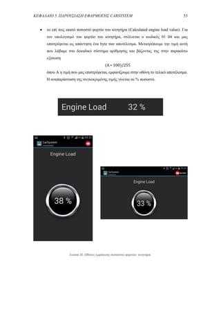 ΚΕΦΑΛΑΙΟ 5. ΠΑΡΟΥΣΙΑΣΗ ΕΦΑΡΜΟΓΗΣ CARSYSTEM 53
 το επί τοις εκατό ποσοστό φορτίο του κινητήρα (Calculated engine load value). Για
τον υπολογισμό του φορτίο του κινητήρα, στέλνεται ο κωδικός 01 04 και μας
επιστρέφεται ως απάντηση ένα byte σαν αποτέλεσμα. Μετατρέπουμε την τιμή αυτή
που λάβαμε στο δεκαδικό σύστημα αρίθμησης και βάζοντας της στην παρακάτω
εξίσωση
(A ∗ 100)/255
όπου A η τιμή που μας επιστρέφεται, εμφανίζουμε στην οθόνη το τελικό αποτέλεσμα.
Η αναπαράσταση της συγκεκριμένης τιμής γίνεται σε % ποσοστό.
Εικόνα 35. Οθόνες εμφάνισης ποσοστού φορτίου κινητήρα.
 
