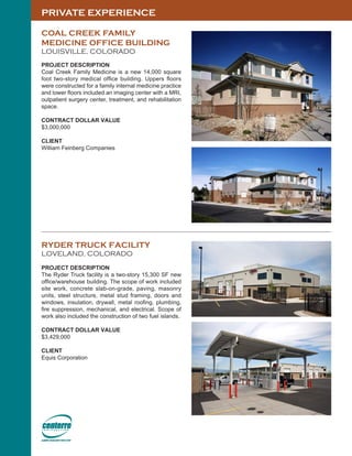 PRIVATE EXPERIENCE
RYDER TRUCK FACILITY
LOVELAND, COLORADO
PROJECT DESCRIPTION
The Ryder Truck facility is a two-story 15,300 SF new
office/warehouse building. The scope of work included
site work, concrete slab-on-grade, paving, masonry
units, steel structure, metal stud framing, doors and
windows, insulation, drywall, metal roofing, plumbing,
fire suppression, mechanical, and electrical. Scope of
work also included the construction of two fuel islands.
CONTRACT DOLLAR VALUE
$3,429,000
CLIENT
Equis Corporation
COAL CREEK FAMILY
MEDICINE OFFICE BUILDING
LOUISVILLE, COLORADO
PROJECT DESCRIPTION
Coal Creek Family Medicine is a new 14,000 square
foot two-story medical office building. Uppers floors
were constructed for a family internal medicine practice
and lower floors included an imaging center with a MRI,
outpatient surgery center, treatment, and rehabilitation
space.
CONTRACT DOLLAR VALUE
$3,000,000
CLIENT
William Feinberg Companies
 