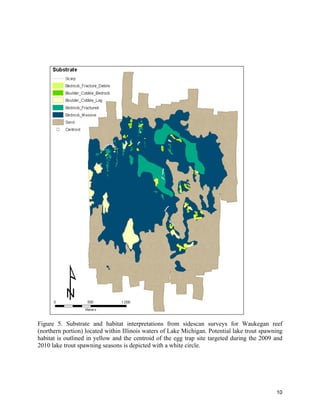 10
Figure 5. Substrate and habitat interpretations from sidescan surveys for Waukegan reef
(northern portion) located within Illinois waters of Lake Michigan. Potential lake trout spawning
habitat is outlined in yellow and the centroid of the egg trap site targeted during the 2009 and
2010 lake trout spawning seasons is depicted with a white circle.
 