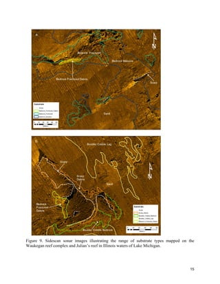 15
Figure 9. Sidescan sonar images illustrating the range of substrate types mapped on the
Waukegan reef complex and Julian’s reef in Illinois waters of Lake Michigan.
 
