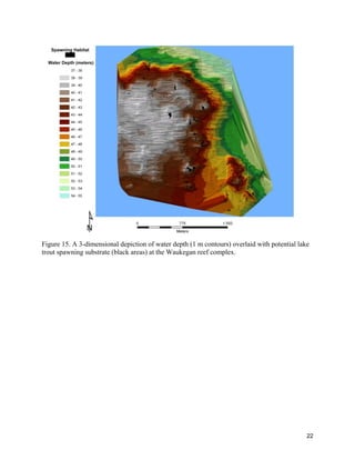 22
Figure 15. A 3-dimensional depiction of water depth (1 m contours) overlaid with potential lake
trout spawning substrate (black areas) at the Waukegan reef complex.
 