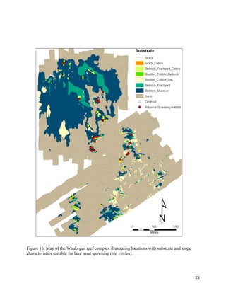 23
Figure 16. Map of the Waukegan reef complex illustrating locations with substrate and slope
characteristics suitable for lake trout spawning (red circles).
 