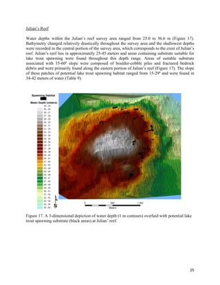 25
Julian’s Reef
Water depths within the Julian’s reef survey area ranged from 25.0 to 56.6 m (Figure 17).
Bathymetry changed relatively drastically throughout the survey area and the shallowest depths
were recorded in the central portion of the survey area, which corresponds to the crest of Julian’s
reef. Julian’s reef lies in approximately 25-45 meters and areas containing substrate suitable for
lake trout spawning were found throughout this depth range. Areas of suitable substrate
associated with 15-60º slope were composed of boulder-cobble piles and fractured bedrock
debris and were primarily found along the eastern portion of Julian’s reef (Figure 17). The slope
of these patches of potential lake trout spawning habitat ranged from 15-29º and were found in
34-42 meters of water (Table 9).
Figure 17. A 3-dimensional depiction of water depth (1 m contours) overlaid with potential lake
trout spawning substrate (black areas) at Julian’ reef.
 