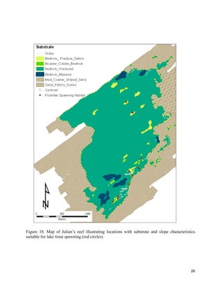 26
Figure 18. Map of Julian’s reef illustrating locations with substrate and slope characteristics
suitable for lake trout spawning (red circles).
 