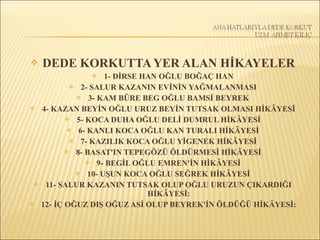  DEDE KORKUTTA YER ALAN HİKAYELER
 1- DİRSE HAN OĞLU BOĞAÇ HAN
 2- SALUR KAZANIN EVİNİN YAĞMALANMASI
 3- KAM BÜRE BEG OĞLU BAMSİ BEYREK
 4- KAZAN BEYİN OĞLU URUZ BEYİN TUTSAK OLMASI HİKÂYESİ
 5- KOCA DUHA OĞLU DELİ DUMRUL HİKÂYESİ
 6- KANLI KOCA OĞLU KAN TURALI HİKÂYESİ
 7- KAZILIK KOCA OĞLU YİGENEK HİKÂYESİ
 8- BASAT'IN TEPEGÖZÜ ÖLDÜRMESİ HİKÂYESİ
 9- BEGİL OĞLU EMREN'İN HİKÂYESİ
 10- UŞUN KOCA OĞLU SEĞREK HİKÂYESİ
 11- SALUR KAZANIN TUTSAK OLUP OĞLU URUZUN ÇIKARDIĞI
HİKÂYESİ:
 12- İÇ OĞUZ DIŞ OĞUZ ASİ OLUP BEYREK'İN ÖLDÜĞÜ HİKÂYESİ:
 