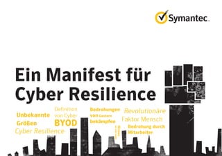 Ein Manifest für
Cyber Resilience
Definition
von CyberUnbekannte
Größen
Bedrohungen
von Gestern
bekämpfen Faktor Mensch
Wissen
womansteht
BYOD
Cyber Resilience
Bedrohung durch
Mitarbeiter
Revolutionäre
 