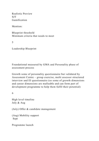Realistic Preview
SJT
Gamification
Mention:
Blueprint threshold
Minimum criteria that needs to meet
5
Leadership Blueprint
Foundational measured by GMA and Personality phase of
assessment process
Growth some of personality questionnaire but validated by
Assessment Centre – group exercise, multi assessor structured
interview and EI questionnaire (so some of growth dimensions
and career dimensions are malleable and can form part of
development programme to help them fulfil their potential)
6
High level timeline
July & Aug
(July) Offer & candidate management
(Aug) Mobility support
Sept
Programme launch
 