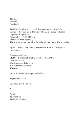 Timings
Process
Feedback
Realistic Preview - 1st (SJT format) – motivational fit
Games – they can do it from anywhere, inclusive (adverse
impact) – Cognitive
Personality – NEO (15 min)
Emotional Intelligence (
Those who are not suitable for this scheme, we will direct them
April 1, May (2+3), June ( Assessment Centre, Group Exc,
Interview)
Assessment Centre
EISDI – Emotional Intelligence based on MSC..
Group Exercise
Multi-assessor Interview
4-6 different assessors
Wash-up
July – Candidate management/offers
September –Start
Continue Development
7
April
Application
Realistic Preview
 