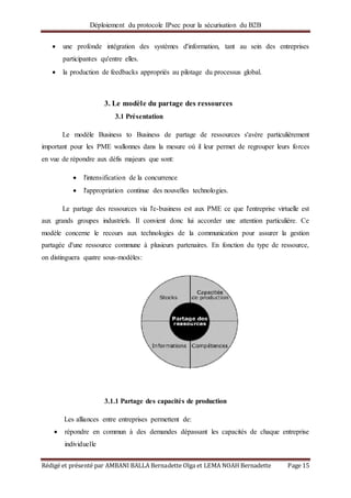 Déploiement du protocole IPsec pour la sécurisation du B2B
Rédigé et présenté par AMBANI BALLA Bernadette Olga et LEMA NOAH Bernadette Page 15
 une profonde intégration des systèmes d'information, tant au sein des entreprises
participantes qu'entre elles.
 la production de feedbacks appropriés au pilotage du processus global.
3. Le modèle du partage des ressources
3.1 Présentation
Le modèle Business to Business de partage de ressources s'avère particulièrement
important pour les PME wallonnes dans la mesure où il leur permet de regrouper leurs forces
en vue de répondre aux défis majeurs que sont:
 l'intensification de la concurrence
 l'appropriation continue des nouvelles technologies.
Le partage des ressources via l'e-business est aux PME ce que l'entreprise virtuelle est
aux grands groupes industriels. Il convient donc lui accorder une attention particulière. Ce
modèle concerne le recours aux technologies de la communication pour assurer la gestion
partagée d'une ressource commune à plusieurs partenaires. En fonction du type de ressource,
on distinguera quatre sous-modèles:
3.1.1 Partage des capacités de production
Les alliances entre entreprises permettent de:
 répondre en commun à des demandes dépassant les capacités de chaque entreprise
individuelle
 