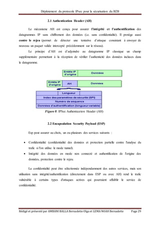 Déploiement du protocole IPsec pour la sécurisation du B2B
Rédigé et présenté par AMBANI BALLA Bernadette Olga et LEMA NOAH Bernadette Page 29
2.1 Authentication Header (AH)
Le mécanisme AH est conçu pour assurer l’intégrité et l’authentification des
datagrammes IP sans chiffrement des données (i.e. sans confidentialité). Il protège aussi
contre le rejeu (permet de détecter une tentative d’attaque consistant à envoyer de
nouveau un paquet valide intercepté précédemment sur le réseau).
Le principe d’AH est d’adjoindre au datagramme IP classique un champ
supplémentaire permettant à la réception de vérifier l’authenticité des données incluses dans
le datagramme.
2.2 Encapsulation Security Payload (ESP)
Esp peut assurer au choix, un ou plusieurs des services suivants :
 Confidentialité (confidentialité des données et protection partielle contre l'analyse du
trafic si l'on utilise le mode tunnel).
 Intégrité des données en mode non connecté et authentification de l'origine des
données, protection contre le rejeu.
La confidentialité peut être sélectionnée indépendamment des autres services, mais son
utilisation sans intégrité/authentification (directement dans ESP ou avec AH) rend le trafic
vulnérable à certains types d'attaques actives qui pourraient affaiblir le service de
confidentialité.
Figure 8: IPSec Authentication Header (AH)
 