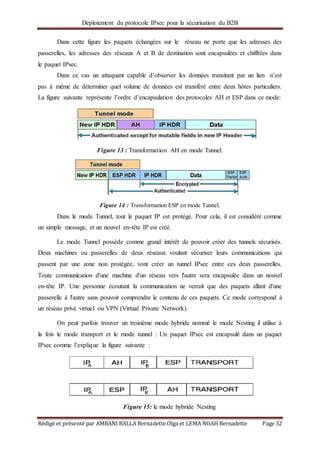 Déploiement du protocole IPsec pour la sécurisation du B2B
Rédigé et présenté par AMBANI BALLA Bernadette Olga et LEMA NOAH Bernadette Page 32
Dans cette figure les paquets échangées sur le réseau ne porte que les adresses des
passerelles, les adresses des réseaux A et B de destination sont encapsulées et chiffrées dans
le paquet IPsec.
Dans ce cas un attaquant capable d’observer les données transitant par un lien n’est
pas à même de déterminer quel volume de données est transféré entre deux hôtes particuliers.
La figure suivante représente l’ordre d’encapsulation des protocoles AH et ESP dans ce mode:
Figure 13 : Transformation AH en mode Tunnel.
Figure 14 : Transformation ESP en mode Tunnel.
Dans le mode Tunnel, tout le paquet IP est protégé. Pour cela, il est considéré comme
un simple message, et un nouvel en-tête IP est créé.
Le mode Tunnel possède comme grand intérêt de pouvoir créer des tunnels sécurisés.
Deux machines ou passerelles de deux réseaux voulant sécuriser leurs communications qui
passent par une zone non protégée, vont créer un tunnel IPsec entre ces deux passerelles.
Toute communication d'une machine d'un réseau vers l'autre sera encapsulée dans un nouvel
en-tête IP. Une personne écoutant la communication ne verrait que des paquets allant d'une
passerelle à l'autre sans pouvoir comprendre le contenu de ces paquets. Ce mode correspond à
un réseau privé virtuel ou VPN (Virtual Private Network).
On peut parfois trouver un troisième mode hybride nommé le mode Nesting il utilise à
la fois le mode transport et le mode tunnel : Un paquet IPsec est encapsulé dans un paquet
IPsec comme l’explique la figure suivante :
Figure 15: le mode hybride Nesting
 