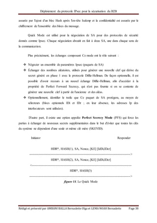 Déploiement du protocole IPsec pour la sécurisation du B2B
Rédigé et présenté par AMBANI BALLA Bernadette Olga et LEMA NOAH Bernadette Page 38
assurée par l'ajout d'un bloc Hash après l'en-tête Isakmp et la confidentialité est assurée par le
chiffrement de l'ensemble des blocs du message.
Quick Mode est utilisé pour la négociation de SA pour des protocoles de sécurité
donnés comme Ipsec. Chaque négociation aboutit en fait à deux SA, une dans chaque sens de
la communication.
Plus précisément, les échanges composant Ce mode ont le rôle suivant :
 Négocier un ensemble de paramètres Ipsec (paquets de SA)
 Échanger des nombres aléatoires, utilisés pour générer une nouvelle clef qui dérive du
secret généré en phase 1 avec le protocole Diffie-Hellman. De façon optionnelle, il est
possible d'avoir recours à un nouvel échange Diffie-Hellman, afin d'accéder à la
propriété de Perfect Forward Secrecy, qui n'est pas fournie si on se contente de
générer une nouvelle clef à partir de l'ancienne et des aléas.
 Optionnellement, identifier le trafic que Ce paquet de SA protégera, au moyen de
sélecteurs (blocs optionnels IDi et IDr ; en leur absence, les adresses Ip des
interlocuteurs sont utilisées).
D'autre part, il existe une option appelée Perfect Secrecy Mode (PFS) qui force les
parties à échanger de nouveaux secrets supplémentaires dans le but d'éviter que toutes les clés
du système ne dépendent d'une seule et même clé mère (SKEYID).
Initiator Responder
HDR*, HASH(1), SA, Nonce, [KE] [IdDi,IDcr]
------------------------------------------------------------------------------------->
HDR*, HASH(2), SA, Nonce, [KE] [IdDi,IDcr]
<------------------------------------------------------------------------------------
HDR*, HASH(3)
------------------------------------------------------------------------------------->
figure 14. Le Quick Mode
 