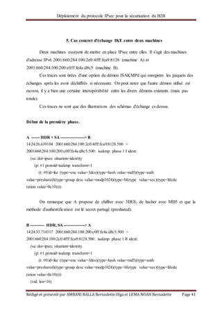 Déploiement du protocole IPsec pour la sécurisation du B2B
Rédigé et présenté par AMBANI BALLA Bernadette Olga et LEMA NOAH Bernadette Page 41
5. Cas concret d'échange IKE entre deux machines
Deux machines essayent de mettre en place IPsec entre elles. Il s'agit des machines
d'adresse IPv6 2001:660:284:100:2c0:4fff:fea9:8128 (machine A) et
2001:660:284:100:200:c0ff:fe4a:d8c5 (machine B).
Ces traces sont tirées d'une option du démon ISAKMPd qui enregistre les paquets des
échanges après les avoir déchiffrés si nécessaire. On peut noter que l'autre démon utilisé est
racoon, il y a bien une certaine interopérabilité entre les divers démons existants (mais pas
totale).
Ces traces ne sont que des illustrations des schémas d'échange ci-dessus.
Début de la première phase.
A ------ HDR + SA -----------------> B
14:24:26.639104 2001:660:284:100:2c0:4fff:fea9:8128.500 >
2001:660:284:100:200:c0ff:fe4a:d8c5.500: isakmp: phase 1 I ident:
(sa: doi=ipsec situation=identity
(p: #1 protoid=isakmp transform=1
(t: #0 id=ike (type=enc value=3des)(type=hash value=md5)(type=auth
value=preshared)(type=group desc value=modp1024)(type=lifetype value=sec)(type=lifedu
ration value=0e10))))
On remarque que A propose de chiffrer avec 3DES, de hacher avec MD5 et que la
méthode d'authentification est le secret partagé (preshared).
B ---------- HDR, SA ---------------> A
14:24:33.714317 2001:660:284:100:200:c0ff:fe4a:d8c5.500 >
2001:660:284:100:2c0:4fff:fea9:8128.500: isakmp: phase 1 R ident:
(sa: doi=ipsec situation=identity
(p: #1 protoid=isakmp transform=1
(t: #0 id=ike (type=enc value=3des)(type=hash value=md5)(type=auth
value=preshared)(type=group desc value=modp1024)(type=lifetype value=sec)(type=lifedu
ration value=0e10))))
(vid: len=16)
 