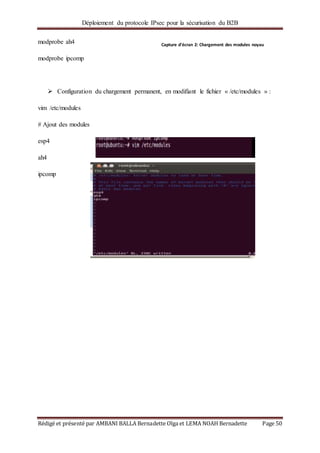 Déploiement du protocole IPsec pour la sécurisation du B2B
Rédigé et présenté par AMBANI BALLA Bernadette Olga et LEMA NOAH Bernadette Page 50
modprobe ah4
modprobe ipcomp
 Configuration du chargement permanent, en modifiant le fichier « /etc/modules » :
vim /etc/modules
# Ajout des modules
esp4
ah4
ipcomp
Capture d'écran 2: Chargement des modules noyau
 