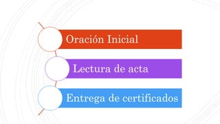 Oración Inicial
Lectura de acta
Entrega de certificados
 