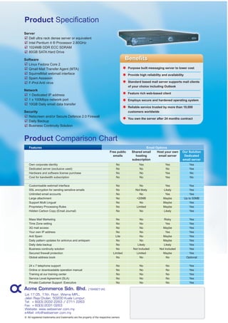 Product Specification
Server
  Dell ultra rack dense server or equivalent
  Intel Pentium 4 ® Processor 2.80GHz
  1024MB DDR ECC SDRAM
  80GB SATA Hard Drive

Software                                                                                Benefits
  Linux Fedora Core 2
  Qmail Mail Transfer Agent (MTA)                                                        Purpose built messaging server to lower cost
  SquirrelMail webmail interface                                                         Provide high reliability and availability
  Spam Assassin
  F-Prot Anti virus                                                                      Standard based mail server supports mail clients
                                                                                         of your choice including Outlook
Network
                                                                                         Feature rich web-based client
  1 Dedicated IP address
  1 x 100Mbps network port                                                               Employs secure and hardened operating system
  10GB Daily email data transfer
                                                                                         Reliable service trusted by more than 10,000
Security                                                                                 customers worldwide
  Netscreen and/or Secure Defence 2.0 Firewall
                                                                                         You own the server after 24 months contract
  Daily Backup
  Business Continuity Solution



Product Comparison Chart
   Features                                                                                          Email Options
                                                                           Free public     Shared email     Host your own        Our Solution
                                                                             emails          hosting         email server         Dedicated
                                                                                           subscription                          email server
   Own corporate identity                                                        No              Yes                Yes                 Yes
   Dedicated server (exclusive used)                                             No              No                 No                  Yes
   Hardware and software license purchase                                        No              No                 Yes                 No
   Cost for bandwidth subscription                                               No              No                 Yes                 No

   Customisable webmail interface                                                No              No                 Yes                  Yes
   SSL encryption for sending sensitive emails                                   No           Not likely           Likely                Yes
   Unlimited email accounts                                                      No              No                 Yes                  Yes
   Large attachment                                                              No            <20MB               Maybe             Up to 50MB
   Support Multi Lingual                                                         No              No                Maybe                 Yes
   Proprietary Processing Rules                                                  No            Limited             Maybe                 Yes
   Hidden Carbon Copy (Email Journal)                                            No              No                Likely                Yes

   Mass Mail Marketing                                                          No               No                Risky               Yes
   Time Zone setting                                                            No               No                  Yes               Yes
   3G mail access                                                               No               No               Maybe                Yes
   Your own IP address                                                          No               No                  Yes               Yes
   Anti Spam                                                                    Lite             No               Maybe                Yes
   Daily pattern updates for antivirus and antispam                             No               No               Maybe                Yes
   Daily data backup                                                            No             Likely              Likely              Yes
   Business continuity solution                                                 No          Not Included        Not Included           Yes
   Secured firewall protection                                                Limited         Limited             Maybe                Yes
   Global address book                                                          No               No                  No               Optional

   24 x 7 telephone support                                                      No              No                 No                  Yes
   Online or downloadable operation manual                                       No              No                 No                  Yes
   Training at our training center                                               No              No                 No                  Yes
   Service Level Agreement (SLA)                                                 No              No                 No                  Yes
   Private Customer Support Executive                                            No              No                 No                  Yes

Acme Commerce Sdn. Bhd.                                 (184927-W)

Lot 17.05, 17th. Floor, Wisma MPL,
Jalan Raja Chulan, 50200 Kuala Lumpur.
Tel: + 60(3) 2032 2263 / 2711 2263
Fax: + 60(3) 2031 0263
Website: www.webserver.com.my
e-Mail: info@webserver.com.my
© All registered trademarks and trademarks are the property of the respective owners.
 