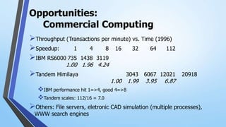 Opportunities:
Commercial Computing
Throughput (Transactions per minute) vs. Time (1996)
Speedup: 1 4 8 16 32 64 112
IBM RS6000 735 1438 3119
1.00 1.96 4.24
Tandem Himilaya 3043 6067 12021 20918
1.00 1.99 3.95 6.87
IBM performance hit 1=>4, good 4=>8
Tandem scales: 112/16 = 7.0
Others: File servers, eletronic CAD simulation (multiple processes),
WWW search engines
 