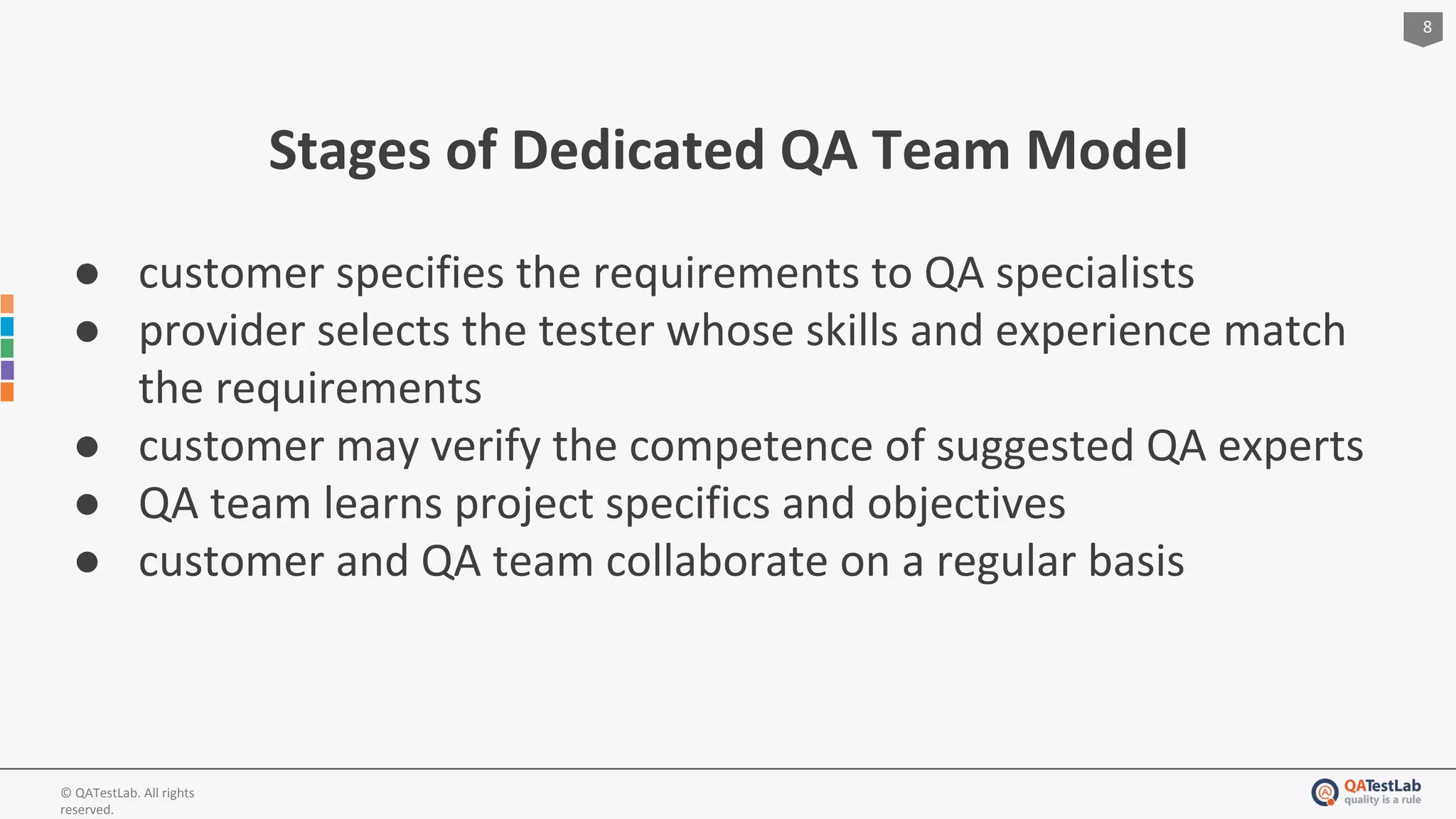8
© QATestLab. All rights
reserved.
Stages of Dedicated QA Team Model
● customer specifies the requirements to QA specialists
● provider selects the tester whose skills and experience match
the requirements
● customer may verify the competence of suggested QA experts
● QA team learns project specifics and objectives
● customer and QA team collaborate on a regular basis
 