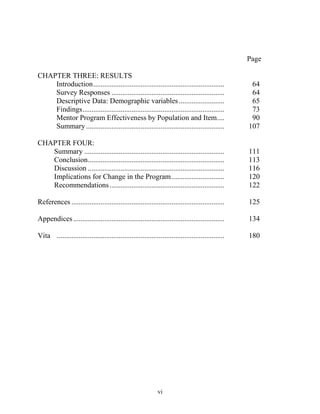 vi
Page
CHAPTER THREE: RESULTS
Introduction........................................................................ 64
Survey Responses .............................................................. 64
Descriptive Data: Demographic variables......................... 65
Findings.............................................................................. 73
Mentor Program Effectiveness by Population and Item.... 90
Summary............................................................................ 107
CHAPTER FOUR:
Summary ............................................................................. 111
Conclusion........................................................................... 113
Discussion ........................................................................... 116
Implications for Change in the Program............................. 120
Recommendations............................................................... 122
References .................................................................................... 125
Appendices................................................................................... 134
Vita ............................................................................................ 180
 