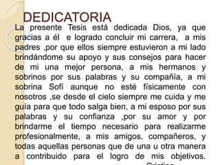 DEDICATORIA
La presente Tesis está dedicada Dios, ya que
gracias a él e logrado concluir mi carrera, a mis
padres ,por que ellos siempre estuvieron a mi lado
brindándome su apoyo y sus consejos para hacer
de mi una mejor persona, a mis hermanos y
sobrinos por sus palabras y su compañía, a mi
sobrina Sofí aunque no esté físicamente con
nosotros ,se desde el cielo siempre me cuida y me
guía para que todo salga bien, a mi esposo por sus
palabras y su confianza ,por su amor y por
brindarme el tiempo necesario para realizarme
profesionalmente, a mis amigos, compañeros, y
todas aquellas personas que de una u otra manera
a contribuido para el logro de mis objetivos.
 