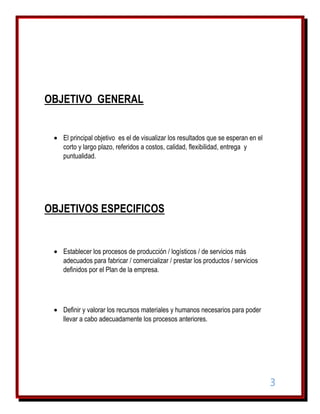 OBJETIVO GENERAL
El principal objetivo es el de visualizar los resultados que se esperan en el
corto y largo plazo, referidos a costos, calidad, flexibilidad, entrega y
puntualidad.

OBJETIVOS ESPECIFICOS

Establecer los procesos de producción / logísticos / de servicios más
adecuados para fabricar / comercializar / prestar los productos / servicios
definidos por el Plan de la empresa.

Definir y valorar los recursos materiales y humanos necesarios para poder
llevar a cabo adecuadamente los procesos anteriores.

3

 
