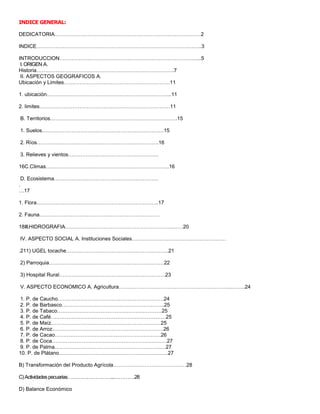 INDICE GENERAL:
DEDICATORIA…………………………………………………………………………2
INDICE…………………………………………………………………………………..3
INTRODUCCION……………………………………………………………………....5
I.ORIGEN A.
Historia…………………………………………………………………….7
II. ASPECTOS GEOGRAFICOS A.
Ubicación y Limites…………………………………………………….11
1. ubicación……………………………………………………………...11
2. limites…………………………………………………………………11
B. Territorios……………………………………………………………….15
1. Suelos…………………………………………………………….15
2. Ríos…………………………………………………………….16
3. Relieves y vientos…………………………………………….
16C.Climas……………………………………………………………..16
D. Ecosistema……………………………………………………
.
…17
1. Flora…………………………………………………………….17
2. Fauna……………………………………………………………
18III.HIDROGRAFIA……………………………………………………..……20
IV. ASPECTO SOCIAL A. Instituciones Sociales………………………………………………
.211) UGEL tocache…………………………………………………..21
2) Parroquia…………………………………………………………22
3) Hospital Rural…………………………………………………….23
V. ASPECTO ECONOMICO A. Agricultura………………………………………………………..……..24
1. P. de Caucho…………………………………………………….24
2. P. de Barbasco…………………………………………………..25
3. P. de Tabaco……………………………………………………25
4. P. de Café…………………………………………………………25
5. P. de Maíz………………………………………………………25
6. P. de Arroz……………………………………………………….26
7. P. de Cacao…………………………………………………….26
8. P. de Coca…………………………………………………………27
9. P. de Palma…………………………………………………….…27
10. P. de Plátano………………………………………………….…..27
B) Transformación del Producto Agrícola……………………………………28
C)Actividadespecuarias………………………...………….28
D) Balance Económico
 