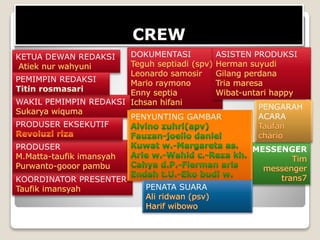 KOORDINATOR PRESENTER
DOKUMENTASI
CREW
MESSENGERPRODUSER
KETUA DEWAN REDAKSI
WAKIL PEMIMPIN REDAKSI
PEMIMPIN REDAKSI
PRODUSER EKSEKUTIF
PENYUNTING GAMBAR
ASISTEN PRODUKSI
PENGARAH
ACARA
PENATA SUARA
 