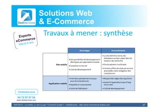 Solutions Web
                            & E-Commerce
                              E-
                             Travaux à
                             T       à mener : synthèse
                                                   hè




     Contactez-nous

    04 72 87 07 54
   www.dediservices.com

19/07/2012 – Le mobile, j’y vais ou pas ? Comment investir ? – DediServices – http://www.mcommerce-toolbox.com   27
 