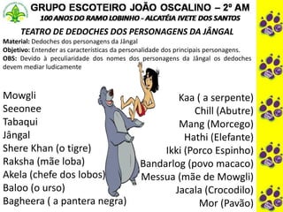TEATRO DE DEDOCHES DOS PERSONAGENS DA JÂNGAL
Material: Dedoches dos personagens da Jângal
Objetivo: Entender as características da personalidade dos principais personagens.
OBS: Devido à peculiaridade dos nomes dos personagens da Jângal os dedoches
devem mediar ludicamente
Mowgli
Seeonee
Tabaqui
Jângal
Shere Khan (o tigre)
Raksha (mãe loba)
Akela (chefe dos lobos)
Baloo (o urso)
Bagheera ( a pantera negra)
Kaa ( a serpente)
Chill (Abutre)
Mang (Morcego)
Hathi (Elefante)
Ikki (Porco Espinho)
Bandarlog (povo macaco)
Messua (mãe de Mowgli)
Jacala (Crocodilo)
Mor (Pavão)
 