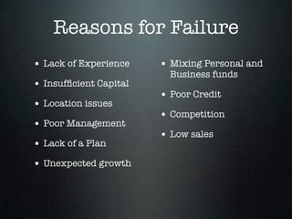 Reasons for Failure
• Lack of Experience    • Mixing Personal and
                          Business funds
• Insufﬁcient Capital
                        • Poor Credit
• Location issues
                        • Competition
• Poor Management
                        • Low sales
• Lack of a Plan
• Unexpected growth
 