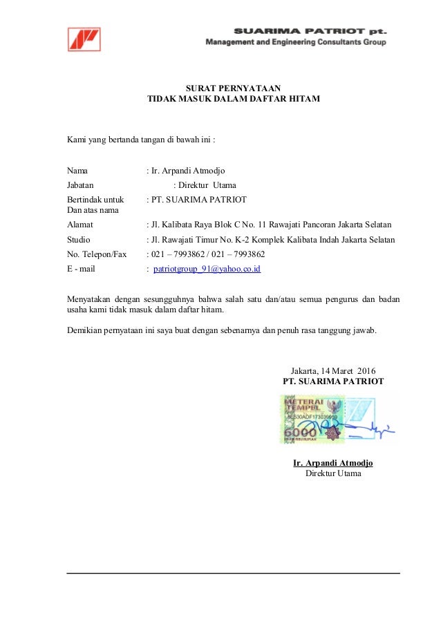 Contoh Surat Pernyataan Perusahaan Tidak Masuk Dalam Daftar Hitam Kumpulan Surat Penting 