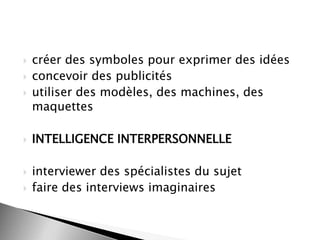 








créer des symboles pour exprimer des idées
concevoir des publicités
utiliser des modèles, des machines, des
maquettes

INTELLIGENCE INTERPERSONNELLE
interviewer des spécialistes du sujet
faire des interviews imaginaires

 