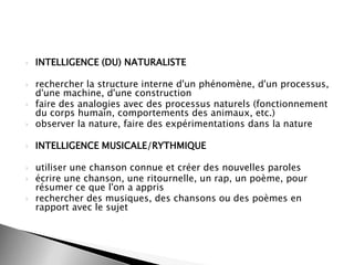 

INTELLIGENCE (DU) NATURALISTE



rechercher la structure interne d'un phénomène, d'un processus,
d'une machine, d'une construction
faire des analogies avec des processus naturels (fonctionnement
du corps humain, comportements des animaux, etc.)
observer la nature, faire des expérimentations dans la nature



INTELLIGENCE MUSICALE/RYTHMIQUE








utiliser une chanson connue et créer des nouvelles paroles
écrire une chanson, une ritournelle, un rap, un poème, pour
résumer ce que l'on a appris
rechercher des musiques, des chansons ou des poèmes en
rapport avec le sujet

 